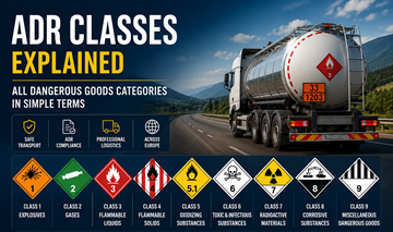 Classi ADR delle merci pericolose con etichette di pericolo e categorie di trasporto in Europa